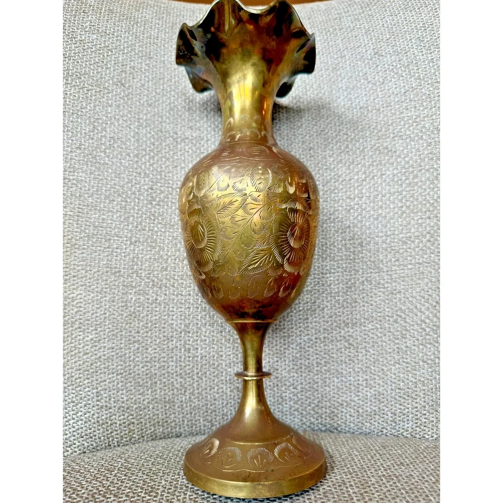 Vintage Saudi Arabia Brass Vase Hand Engraved Palm Tree Crossed Swords 12